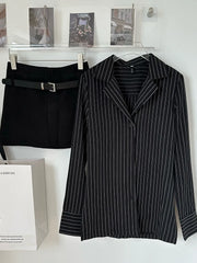 Koisoon 2000s Aesthetics Outfits 2 Piece Skirt Set Striped Blouses + Black A-Line Skirts Gothic Office Lady Fashion Classical New Trend