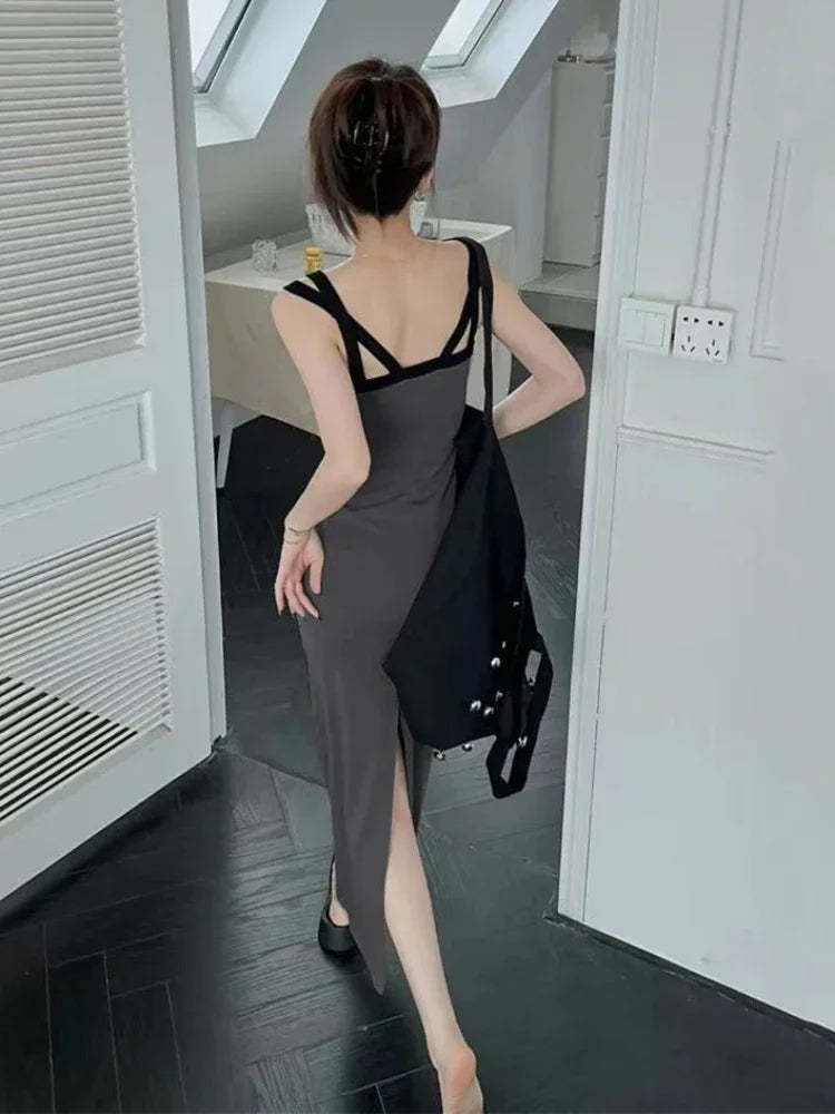 Koisoon Sexy Backless Slip Midi Split Dresses Women Korean Fashion Spaghetti Strap Vintage Casual Black Dress 2024 Summer Sundress