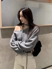 Koisoon Off Shoulder Long Sleeve Sweater Irregular Skew Collar Ropa Mujer Feminino Sexy Pullover Womens Spring Clothing Knitwears