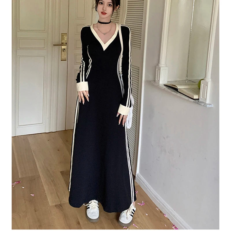 Koisoon Autumn Women Stripe Dress Korean Casual Patchwork Slim Ankle Length Dresses Fashion Female High Waist Long Sleeve Dress