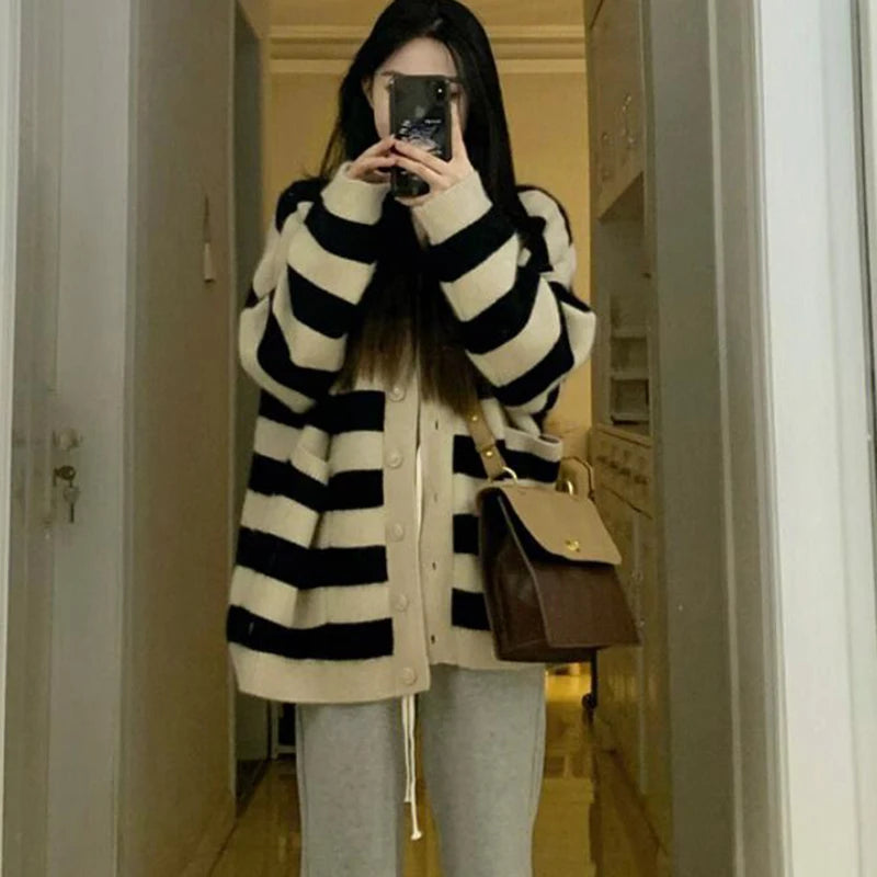 Koisoon Fashion Women Cardigan Sweater Korean Stripe Button Loose Knitted Coats Casual Female Streetwear Jacket Autumn New