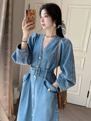 Koisoon V Neck Denim Dress Women Spring Autumn French Style A-line Jeans Long Sleeve Dress Single Breasted Casual Solid Robe