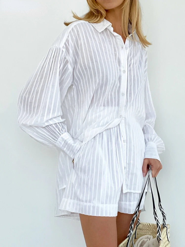 Koisoon Casual Shorts Sets Striped Jacquard 2 Pieces Cozy Lapel Lantern Sleeve Shirt Summer Outfit Elastic Waist Shorts Suits