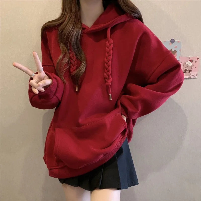 Koisoon Korean Style Hooded Sweatshirts Christmas Red Women's Hoodie Oversize Long Sleeve Pullovers Autumn Winter Warm Fashion New