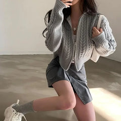 Koisoon Gray Cardigans Women Vintage Twist Crop Sweaters Autumn Zip-up Knitwear Outerwear Tender Korean Fashion Ladies Casual Streetwear