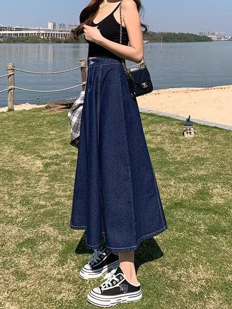 Koisoon Korean Women Denim Skirts Elastic High Waist A Line Jeans Long Skirts Blue Plus Size Cotton Female Skirts New 5Xl