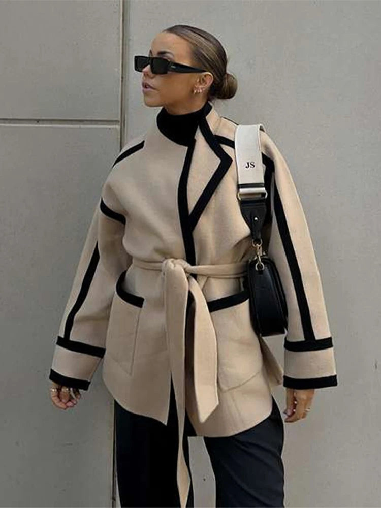 Koisoon New Spliced Contrast Woolen Coat Women Long Sleeve Thicken Jacket with Belt Pockets 2024 Autumn Casual Ladies Commuter Outwear