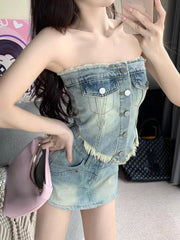 Koisoon 2024 Summer Vintage 2 Piece Skirt Set Women Casual Y2k Sleeveless Tops + Office Lady Slim Mini Skirt Fashion Sweet Denim Suits