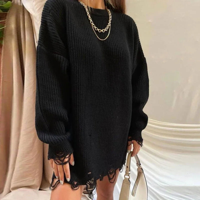 Koisoon Women Long Sleeve Mini Sweater Dress Autumn Winter Ripped Hole Knit Pullover Dress Casual Loose Oversize Knitted Short Dresses