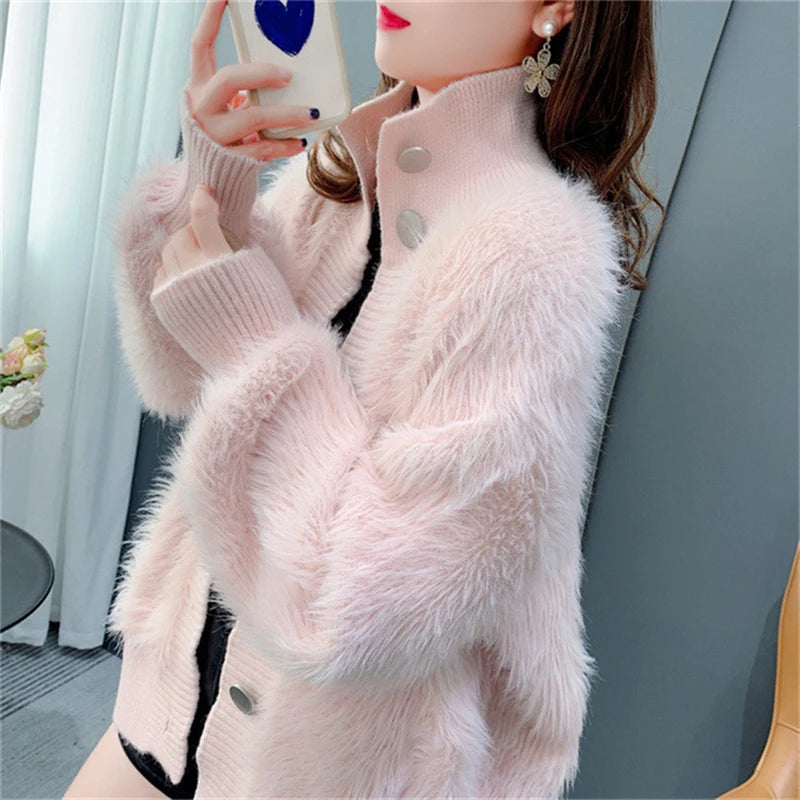 Koisoon Fashion Women Cardigan Sweater Korean All Match Hairy Loose Knitted Coats Female Casual Big Button Warm Jacket Winter New