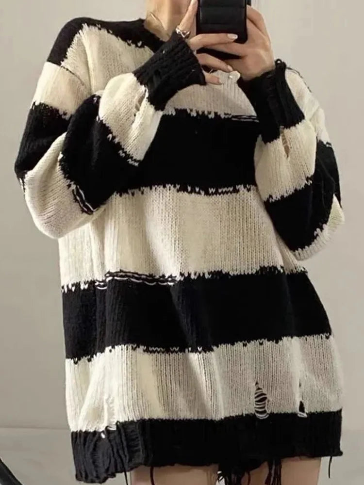 Koisoon Harajuku Hole Striped Sweaters Women Streetwear Y2K Loose Knitted Pullover Korean Casual Vintage Long Sleeve Female Jumpers