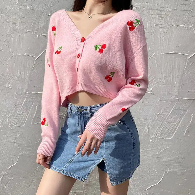 Koisoon V Neck Cropped Cardigan Embroidered Cherry Sweater Feminino Kawaii Long Sleeve Top Pull Femme Y2k Sueter Mujer Knit Coat