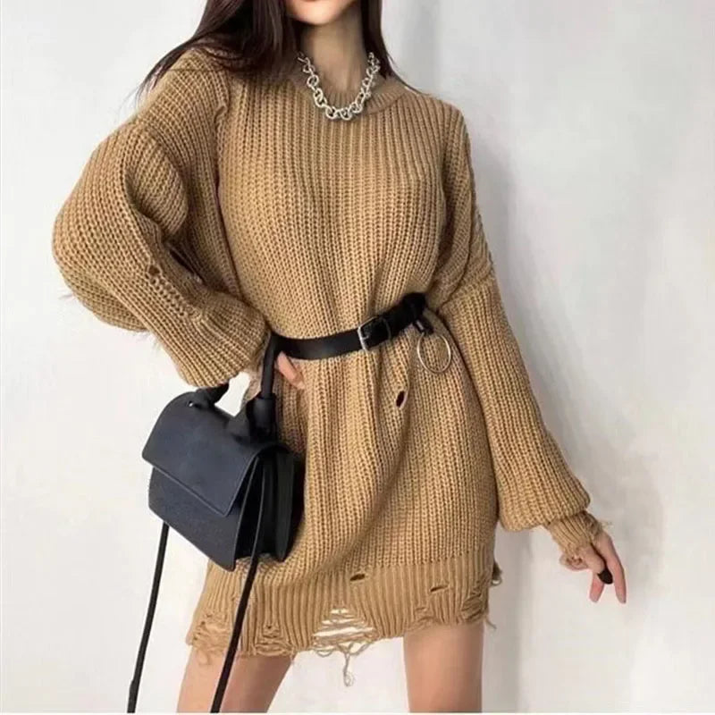 Koisoon Women Long Sleeve Mini Sweater Dress Autumn Winter Ripped Hole Knit Pullover Dress Casual Loose Oversize Knitted Short Dresses