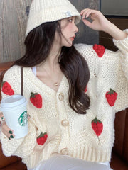 Koisoon Cute Strawberry Women Cardigan Sweater Oversize Winter Loose Fashion V Neck Hand 3D Knit Ladies Jumper Casual Female Coat