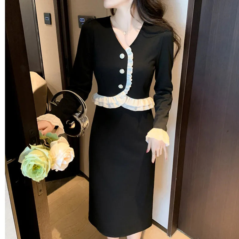 Koisoon Elegant Party Fashion Black Midi Dresses for Women Autumn New V-neck Long Sleeve Patchwork Korean Chic Slim Female Clothing