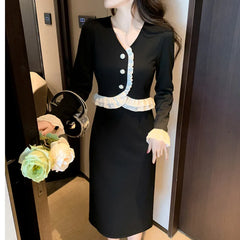 Koisoon Elegant Party Fashion Black Midi Dresses for Women Autumn New V-neck Long Sleeve Patchwork Korean Chic Slim Female Clothing