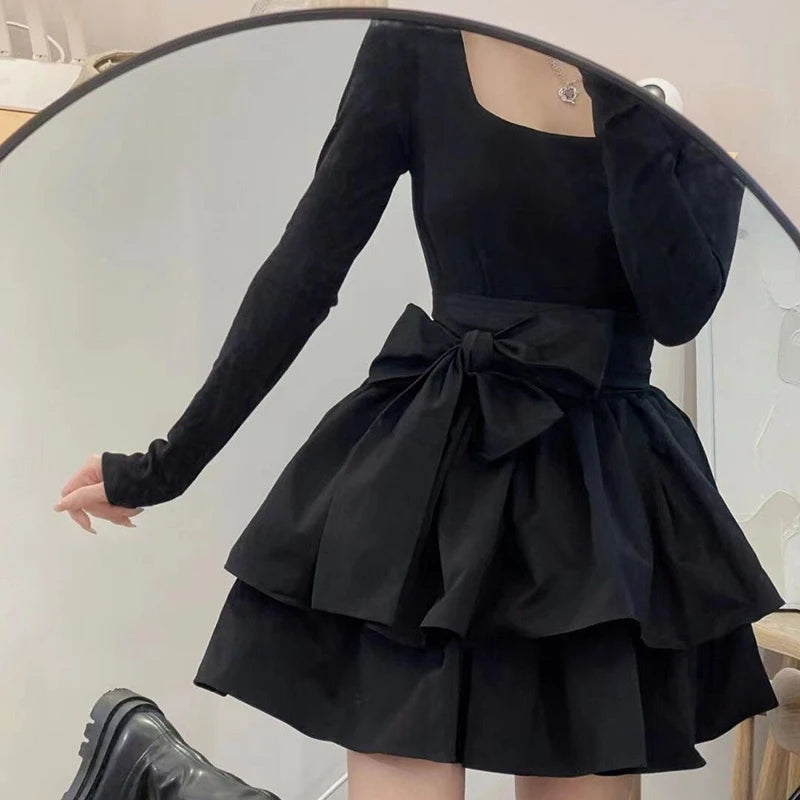 Koisoon Vintage Women Korean Dress Fashion Bandage Bow Mini Dresses All Match High Waist Female Ball Gown A Line Dress Spring New