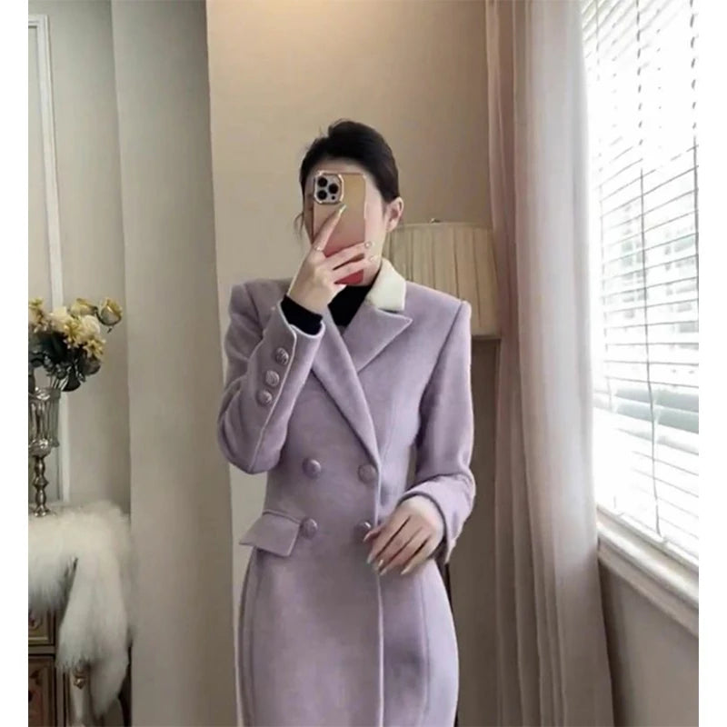 Koisoon Elegant Long Wool Blends Coats Women Korean Quilted Blazer Jackets Double Breasted Woolen Overcoat Winter Thick Outerwear