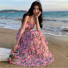 Koisoon Summer Women's Floral Vacation Beach Dress Midi Long Square Collar Lolita Dresses Bohemian Folds 2024 New Elegant Chic Chiffon