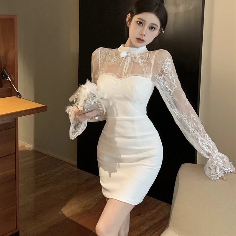 Koisoon Fashion Women Lace Dress Korean Style Casual Sexy Hollow Out Female Mini Dresses Y2K Elegant Bell Sleeve Dress Spring New