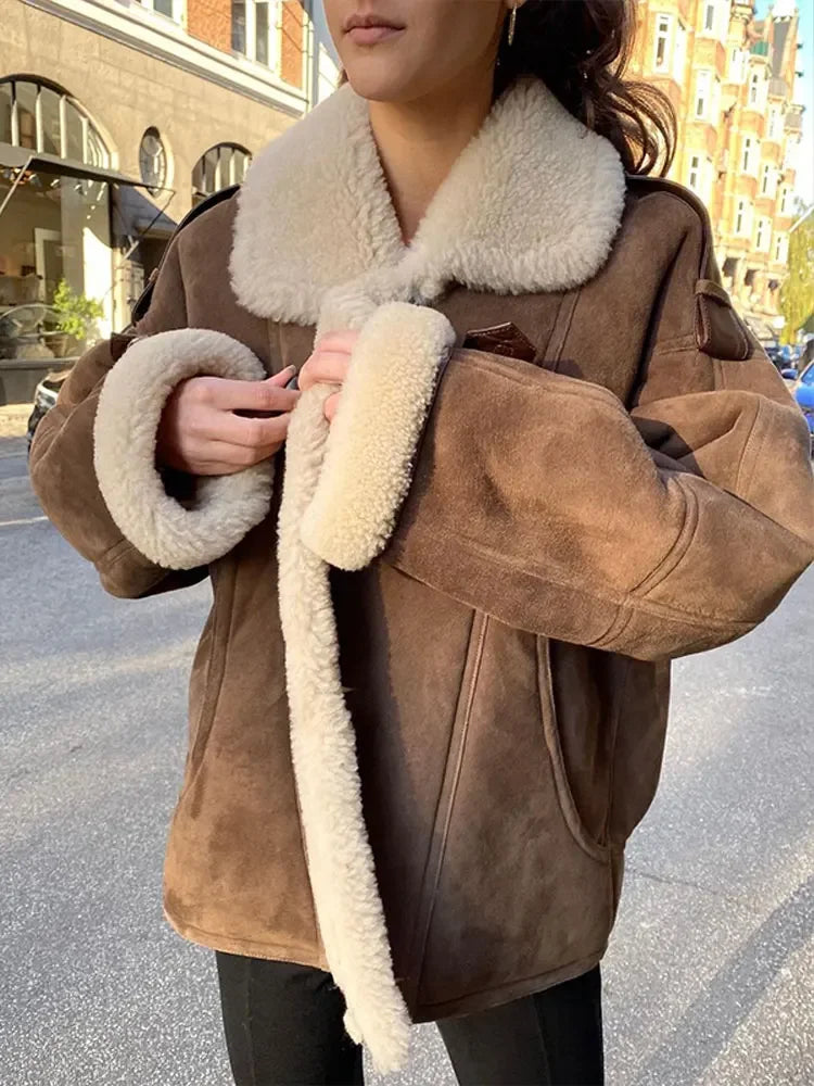 Koisoon Casual brown Thicken Lamb Wool coat Women chic lapel Long Sleeve button Suede Jacket 2024 Autumn winter Lady Streetwear Coats