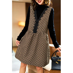 Koisoon Vintage Polka Dot Jacquard Patchwork a-Line Dress Spring New Women's Long-Sleeved Fake Two Mini Dresses Sweet Party Robe