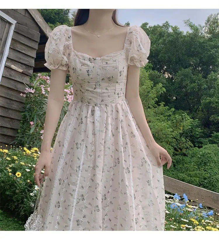 Koisoon Vintage Puff Sleeve Fairy Midi Dress Women Sweet Elegant Korean Style Floral Dress Female Summer Casual Party Dresses Chic