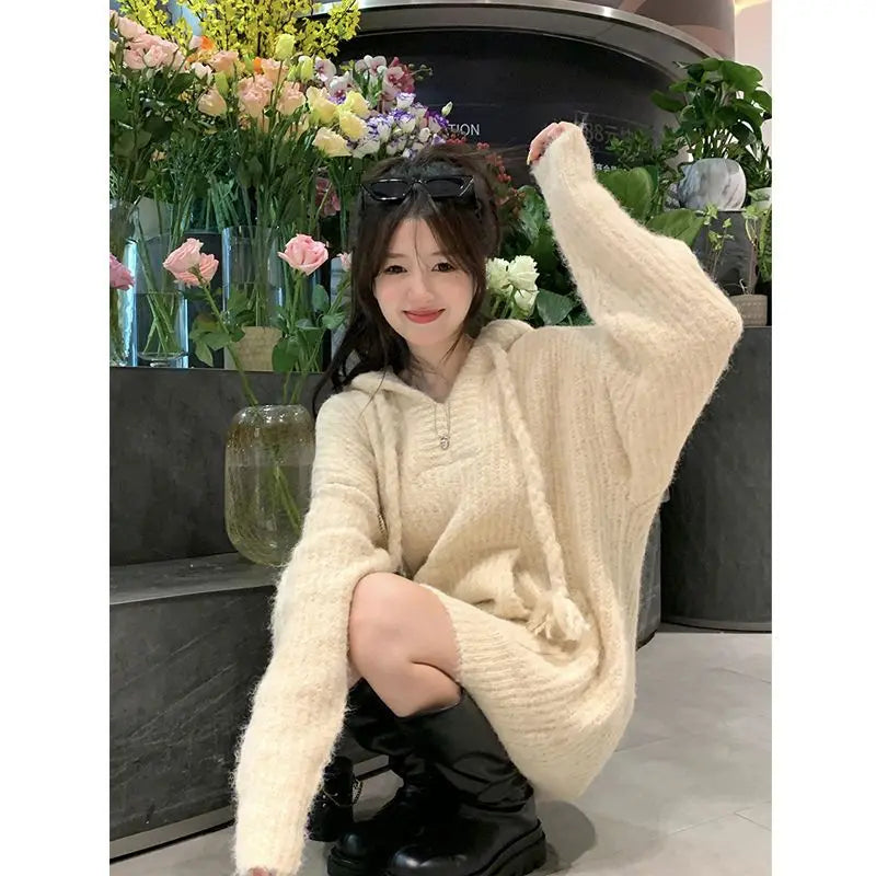 Koisoon Autumn Winter Women's Sweater 2022 Basic Hooded Sweater Coat Vintage Warm Thick Loose Knitted Sweaters for Women