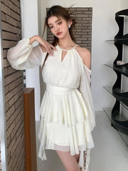 Koisoon Autumn Beige Elegant Off Shoulder Chiffon Pleated Bandage Mini Dress Women O-neck Long Sleeve Party Fairy Dresses Korean Fashion