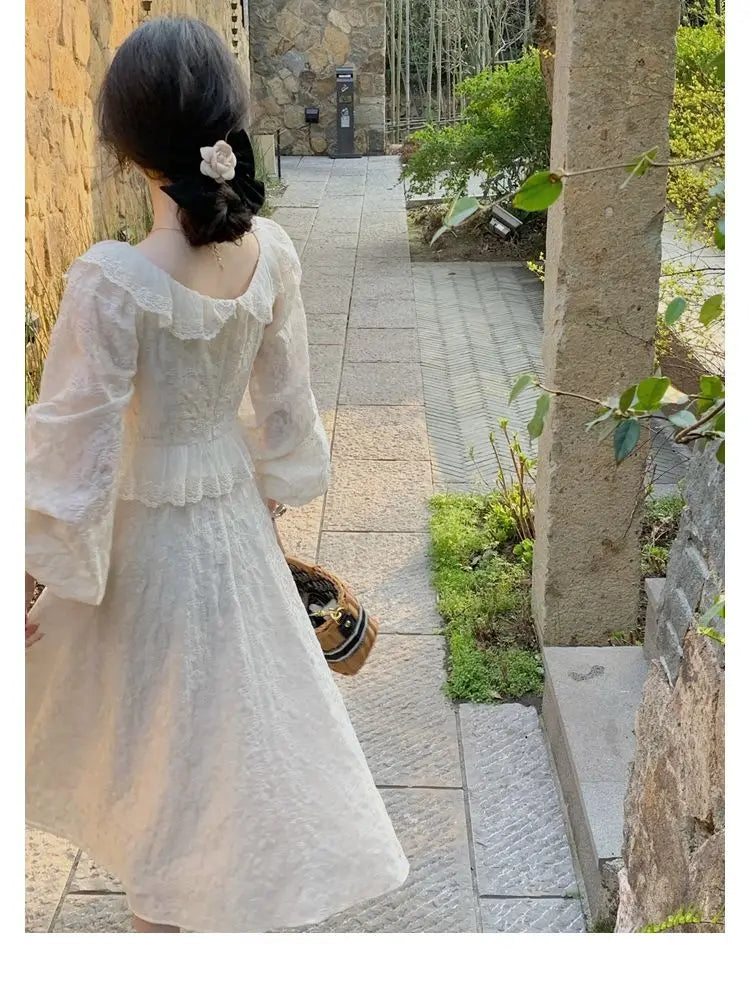 Koisoon Elegant Vintage Lace Fairy Dress Women Autumn Sweet Rufffle Long Sleeve Party Dress Female Casual Korean Embroidery Dresses