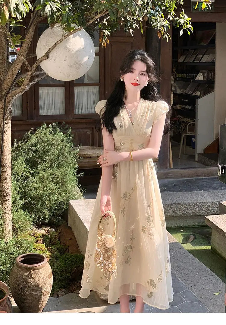 Koisoon Elegant Vintage Sequined Embroidery Dress Women Sexy V-neck Party Long Fairy Dress Female Casual Petal Sleeve Korean Slim Dress