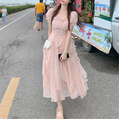 Koisoon Casual Sweet Fairy Evening Midi Dresses for Women Lace Beading Chiffon Bodycon Elegant Party French Beach Dresses Summer