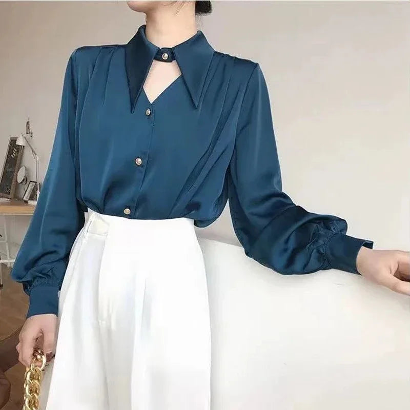 Koisoon Elegant Chic Shirts Women Turn Down Collar Long Sleeve Hollow Out Blouse Office Lady Spring Korean Ol Solid Button Tops