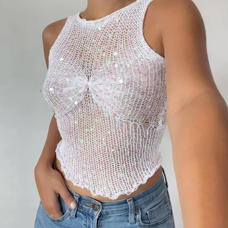 Koisoon Sequin Mesh See-Through Vest Cute Sleeveless For Women Crop top Glitter Fashion Casual Streetwear Hollow Out Slim Tank Top