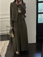 Koisoon Autumn New Women Casual Formal Blazer and Long Skirts Suit Vintage Business Suit Jackets Midi Saya Two Pieces Female Outfits