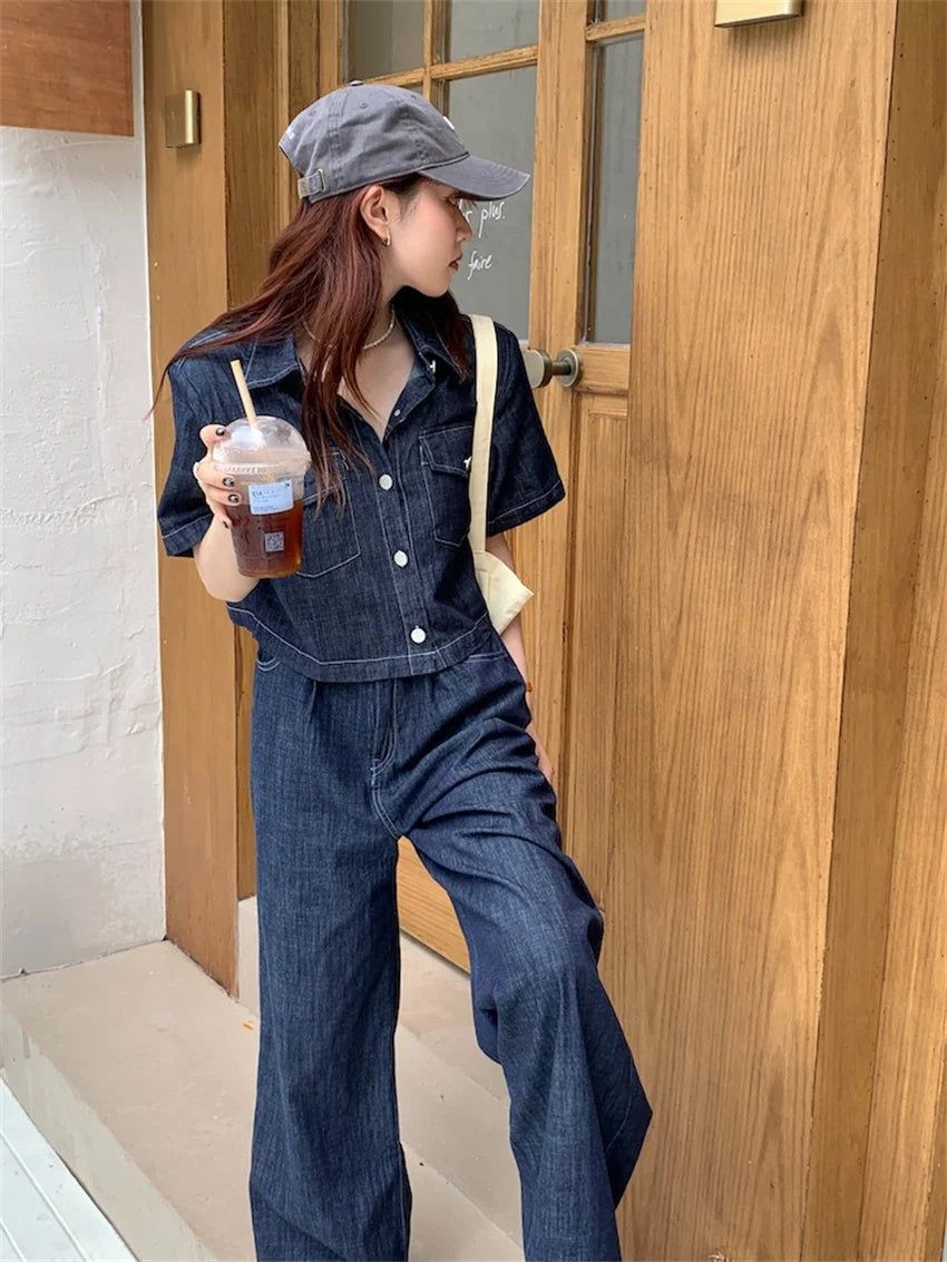 Koisoon Blue Denim Two Pieces Sets Women Loose Chic Summer Short Sleeve Coats Jeanswear New High Waist Slim Pants Suits