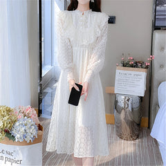 Koisoon Elegant Sweet Vintage Solid Lace Women Midi Dresses for New Autumn Fashion Long Sleeved Cute Party Birthday Fairy Dress