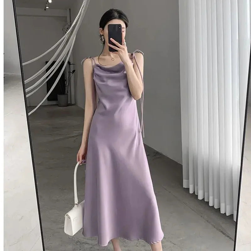 Koisoon Korean Purple Satin Midi Dress Women Fashion Folds Spaghetti Strap Dress Woman Elegant Summer Waist-Tight Party Dresses