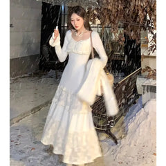 Koisoon 2024 Spring Elegant Knitted Dress Women Lace Patchwork Koeran Princess Midi Dress Female Casual Sweet Even Party Fairy Dress