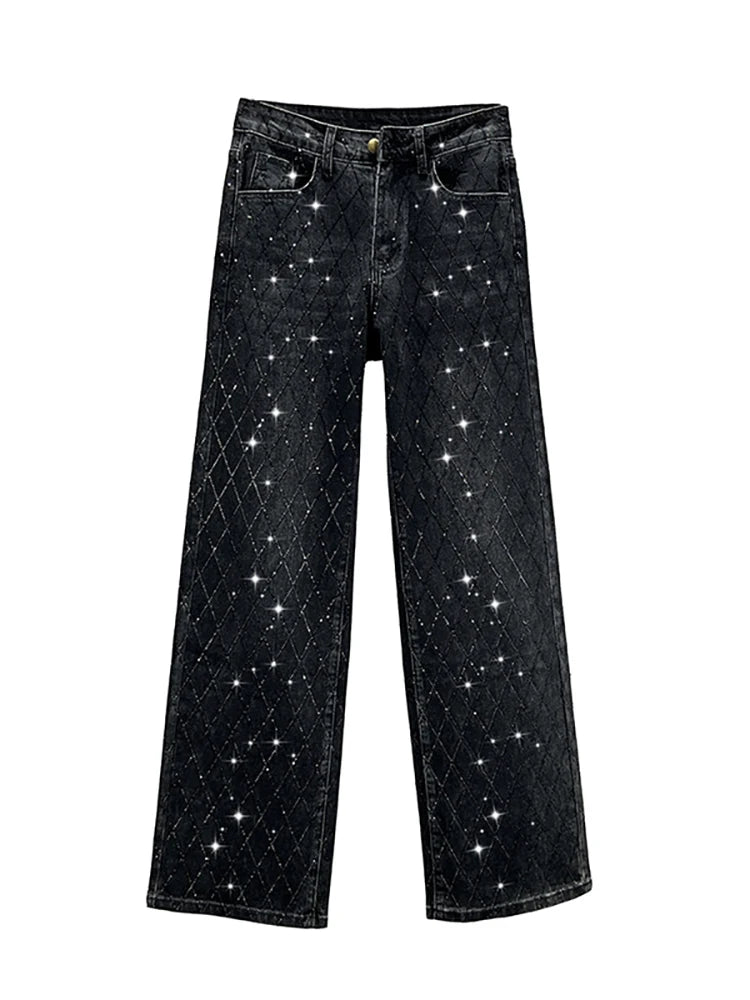 Koisoon Women's Jeans High Waist Black Full Diamond Rhinestone Plaid Straight Wide Leg Denim Pants Autumn 2024 New Fashion