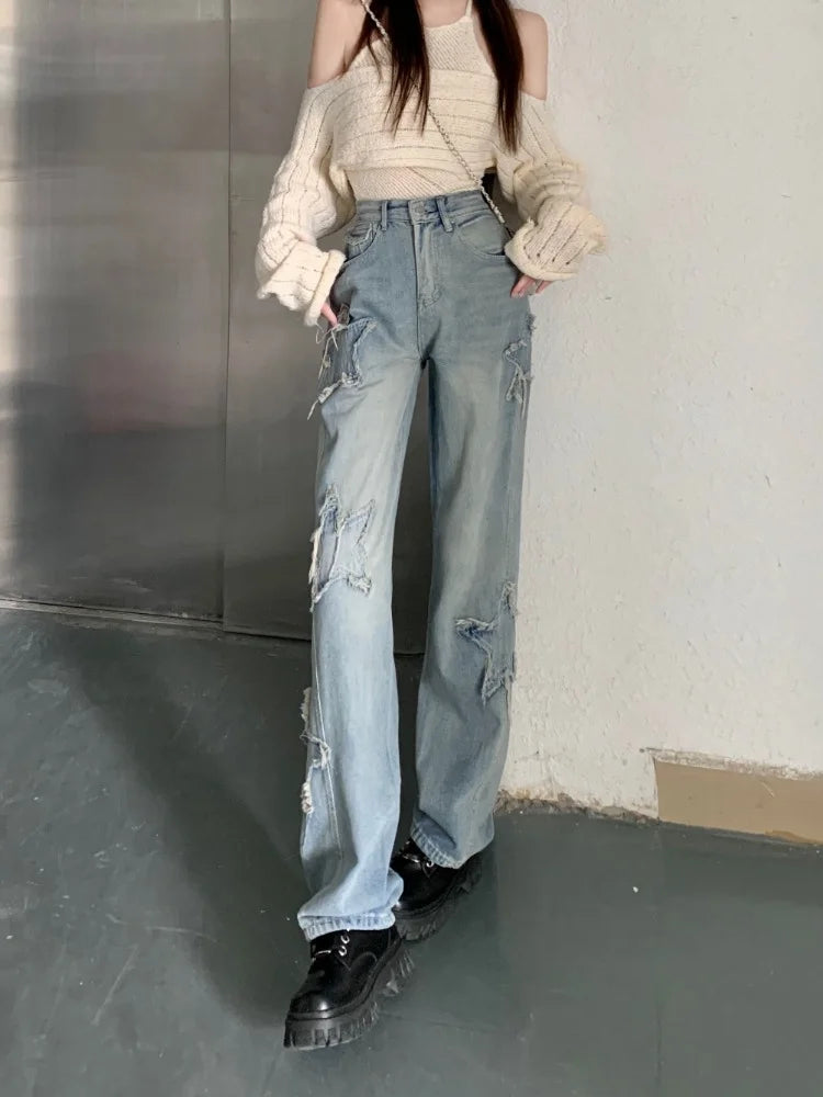 Koisoon Y2k Women Boyfriend Wide Jeans Harajuku Star Patchwork Oversize Pants Hippie Outfits Korean Style Clothes Mujer New