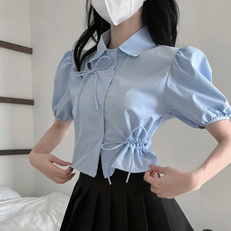 Koisoon Elegant Women Bow Shirt Korean Fashion Design Chic Tops Y2K Casual Female All Match Puff Sleeve Shirt Summer New