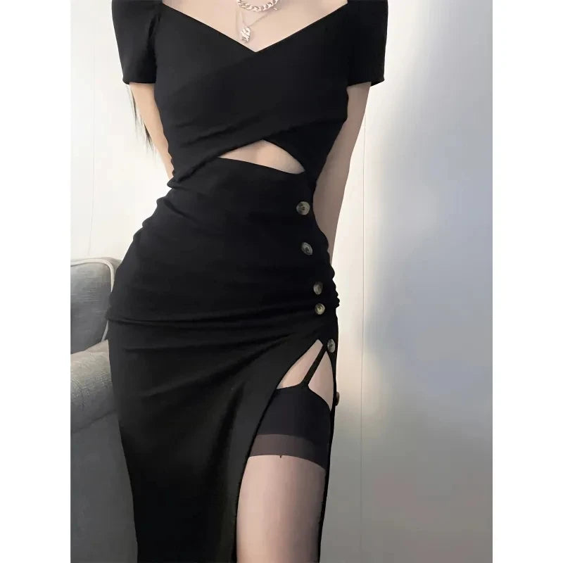 Koisoon Vintage Women Korean Dress Casual Sexy Hollow Out Midi Dresses Elegant Female Designed Buttons Slit Ball Gown Dress New