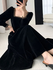 Koisoon New French Vintage Elegant Dresses for Women Long Sleeve Streetwear Office Lady Solid Square Collar New Autumn Winte Dress