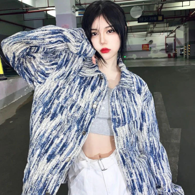 Koisoon Streetwear Women Denim Jacket Korean Retro Tie Dye Loose Long Sleeve Coats Autumn Harajuku Female Casual All Match Outwear