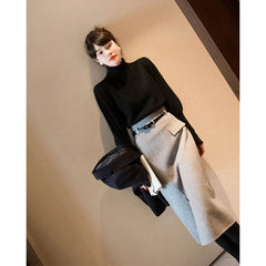 Koisoon Elegant Belt Woolen Midi Skirt Women Black Slit Hip Wrap Skirts Fall Winter Ladies Korean High Waist Slim A Line Skirt New