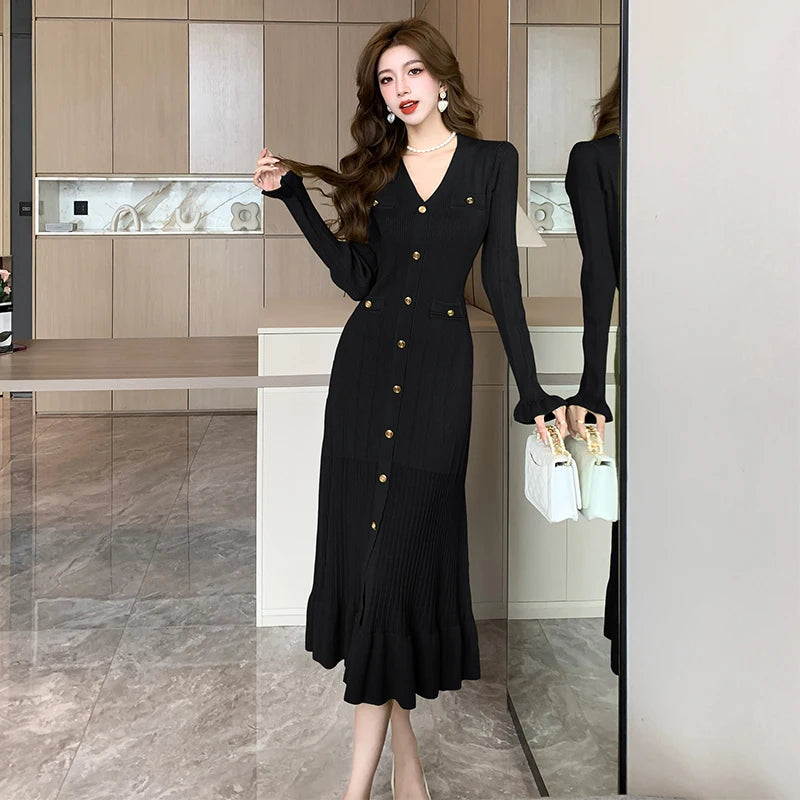 Koisoon Autumn Women Sweater Dress Fashion Knitted Single Breasted Casual Midi Dress Vintage Bodycon Elegant Ruffles Party Dresses