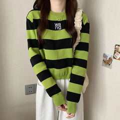 Koisoon Preppy Style Autumn Winter New Sweaters Women's Round Neck Striped Letter Contrast Color Fashion Loose Long Sleeve Knitted Tops