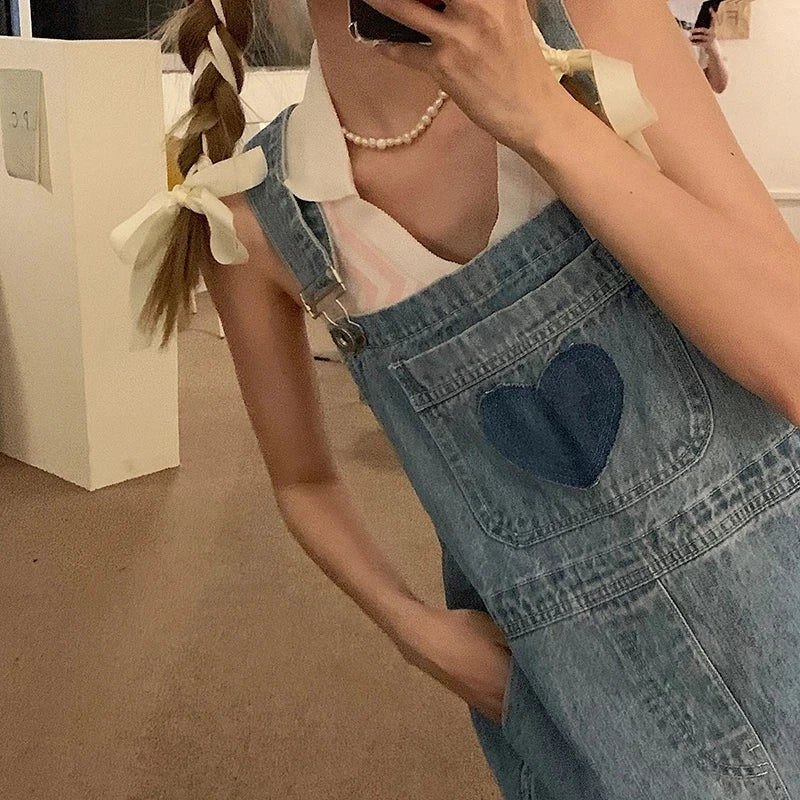 Koisoon Vintage Denim Overalls Women Streetwear Sweet Cute High Waist Wide Leg Jumpsuit Student Harajuku Casual Suspender Pants