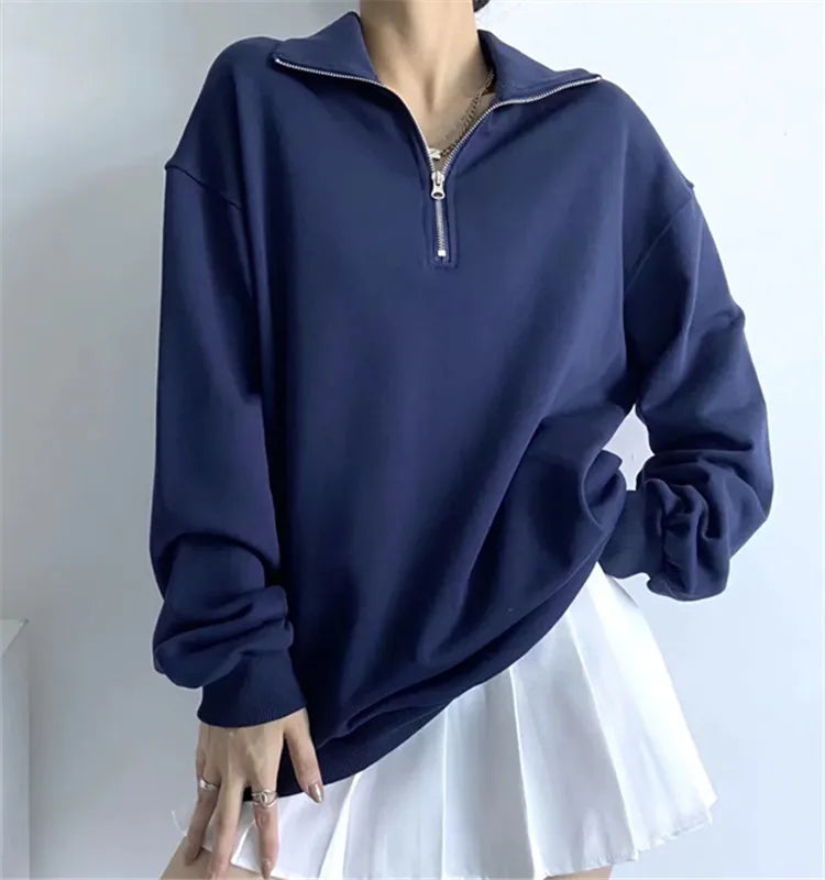 Koisoon Half Zip Up Vintage Sweatshirts Women Long Sleeve Cotton Casual Tops Oversized Street Fashion Pullover Sweats